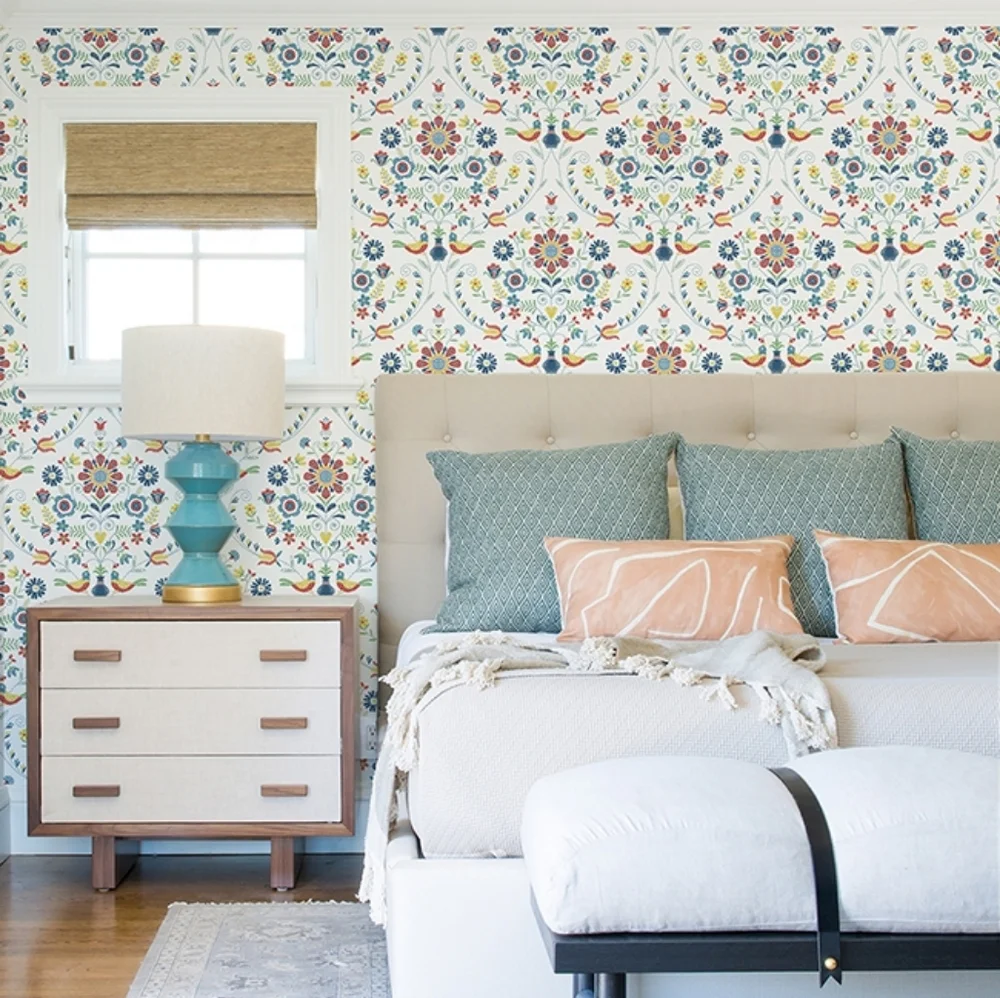 Wallpaper Britt Multicolor Embroidered Damask Folk Scandinavian